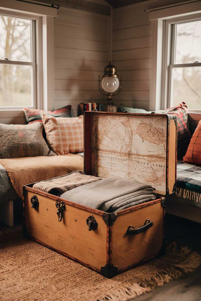 A corner of a tiny house living room with a vintage trunk serving as a coffee table. The trunk is partially open, revealing stored blankets inside. Above it, a vintage map.