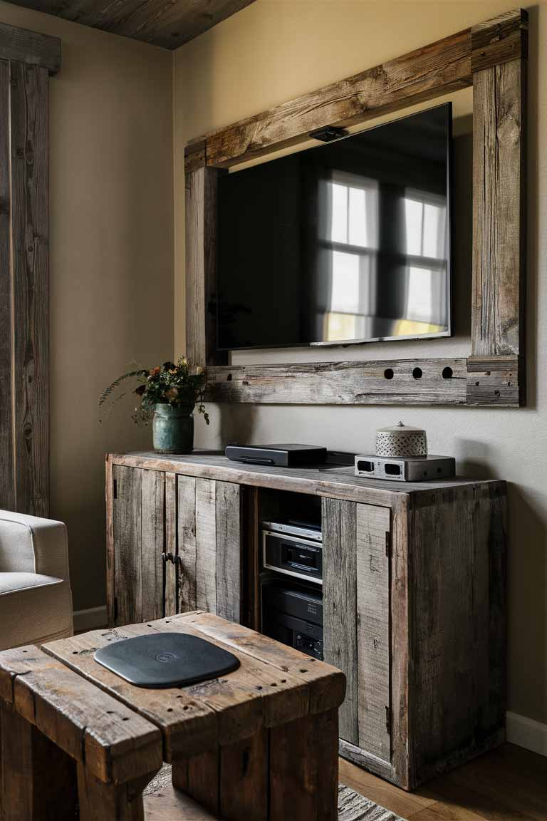 A corner of a rustic tiny living room showing clever technology integration. A flat-screen TV is mounted on the wall, surrounded by a custom frame made of weathered barn wood, helping it blend with the rustic decor. Below the TV, a vintage wooden cabinet houses media components, with holes discreetly drilled in the back for cord management. On a nearby side table, a wireless charging pad is built into the rustic wooden surface, barely noticeable among the other decor items.