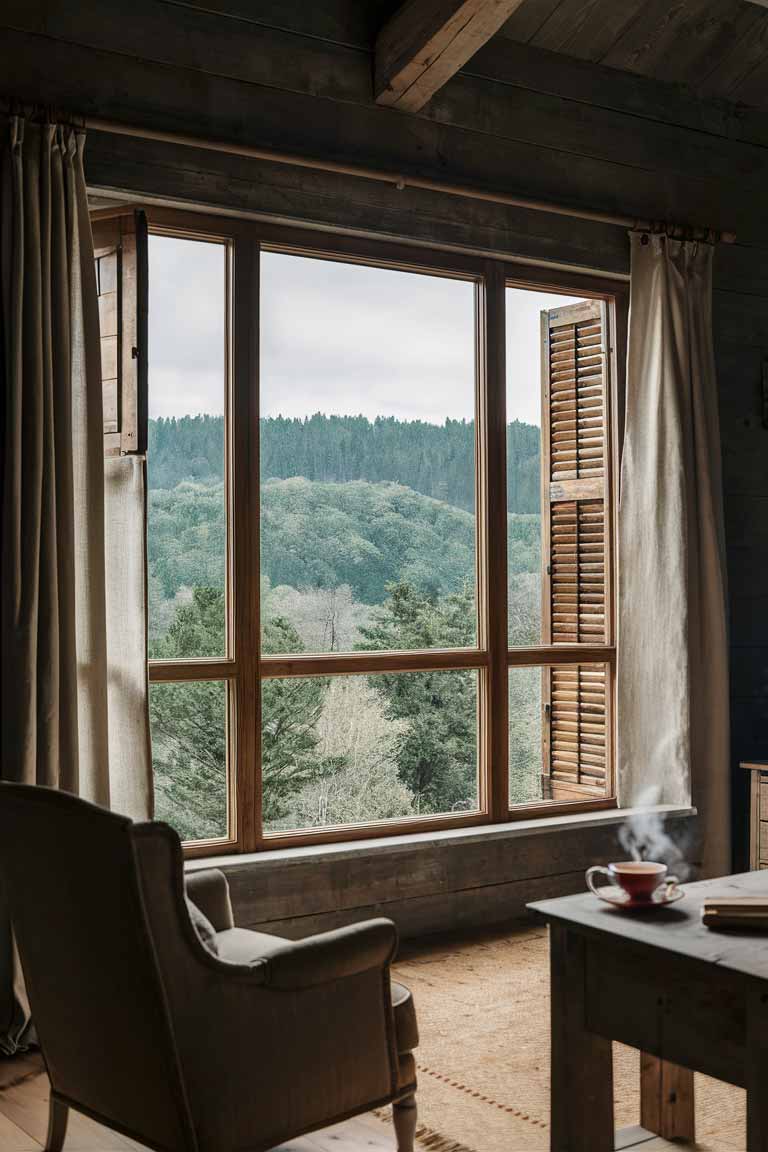 A rustic tiny living room with a large picture window as the focal point. The window offers a view of a forested landscape, bringing nature into the small space. Rustic wooden shutters frame the window, which is further emphasized by a chunky wooden curtain rod holding simple linen curtains. A comfortable armchair is positioned to take advantage of the view, with a small side table holding a cup of tea, creating an inviting reading nook.