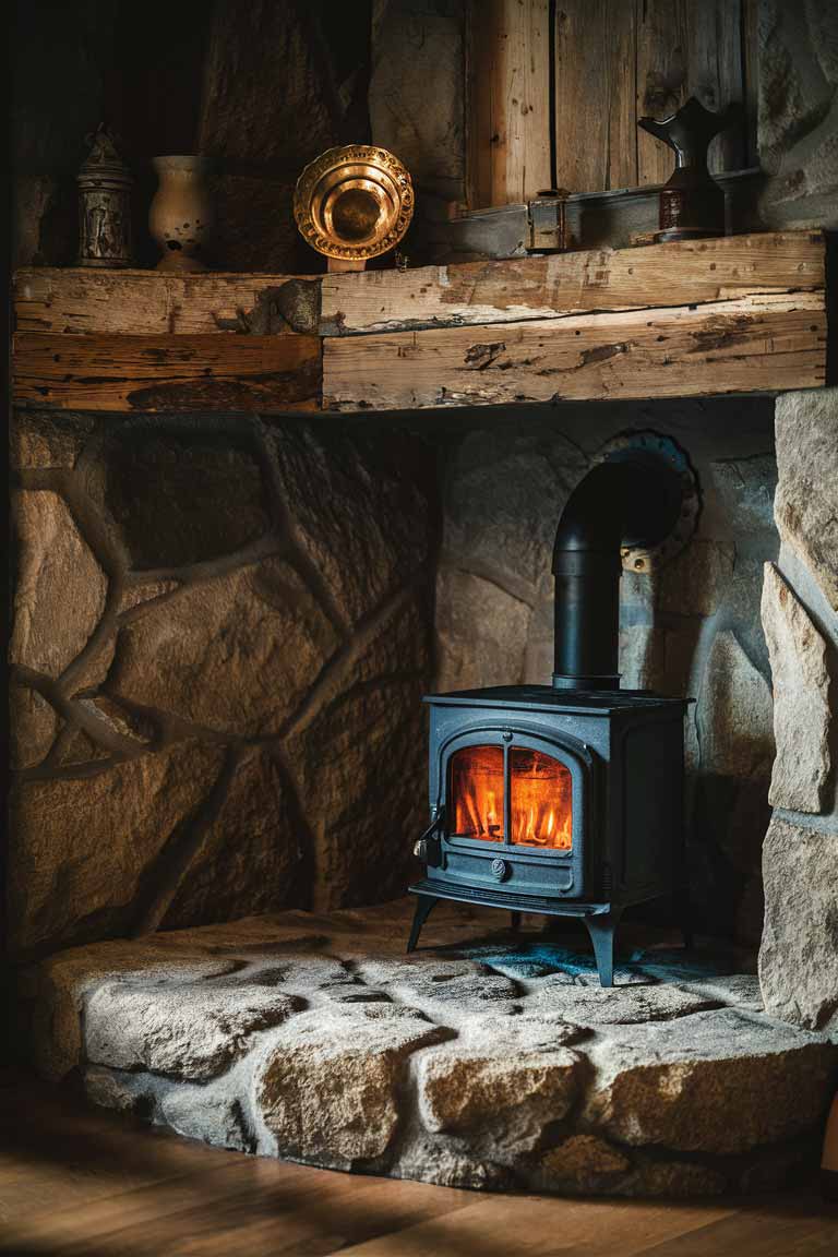 A corner of a rustic tiny living room featuring a small cast iron wood stove as the focal point. The stove sits on a stone hearth that extends slightly into the room. Above the stove, a reclaimed wood mantel displays a few carefully chosen rustic decor items. The warm glow from the stove illuminates the surrounding area, creating a cozy atmosphere in the small space.