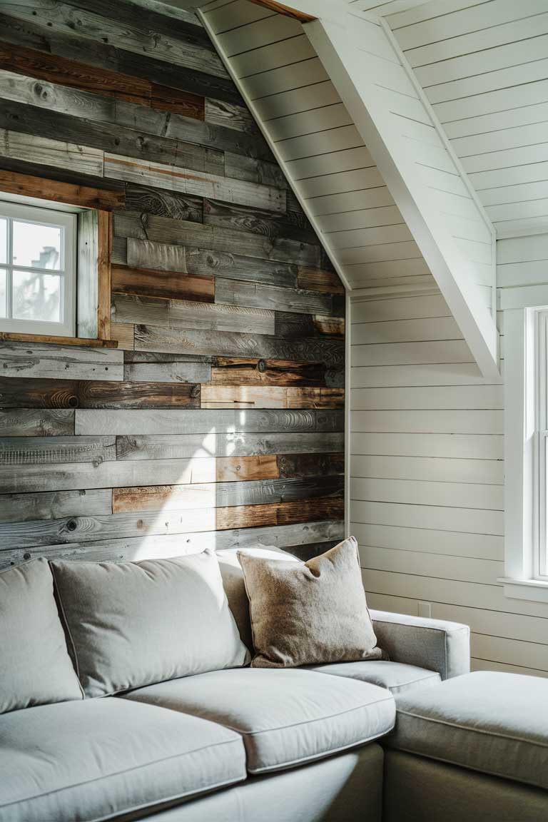 A rustic tiny living room with one wall featuring reclaimed barnwood paneling. The wood shows a variety of weathered textures and tones, from silvery grey to warm brown. The other walls are painted a soft white, creating a contrast that highlights the beauty of the wood. A small window on the barnwood wall lets in natural light, emphasizing the texture of the wood.