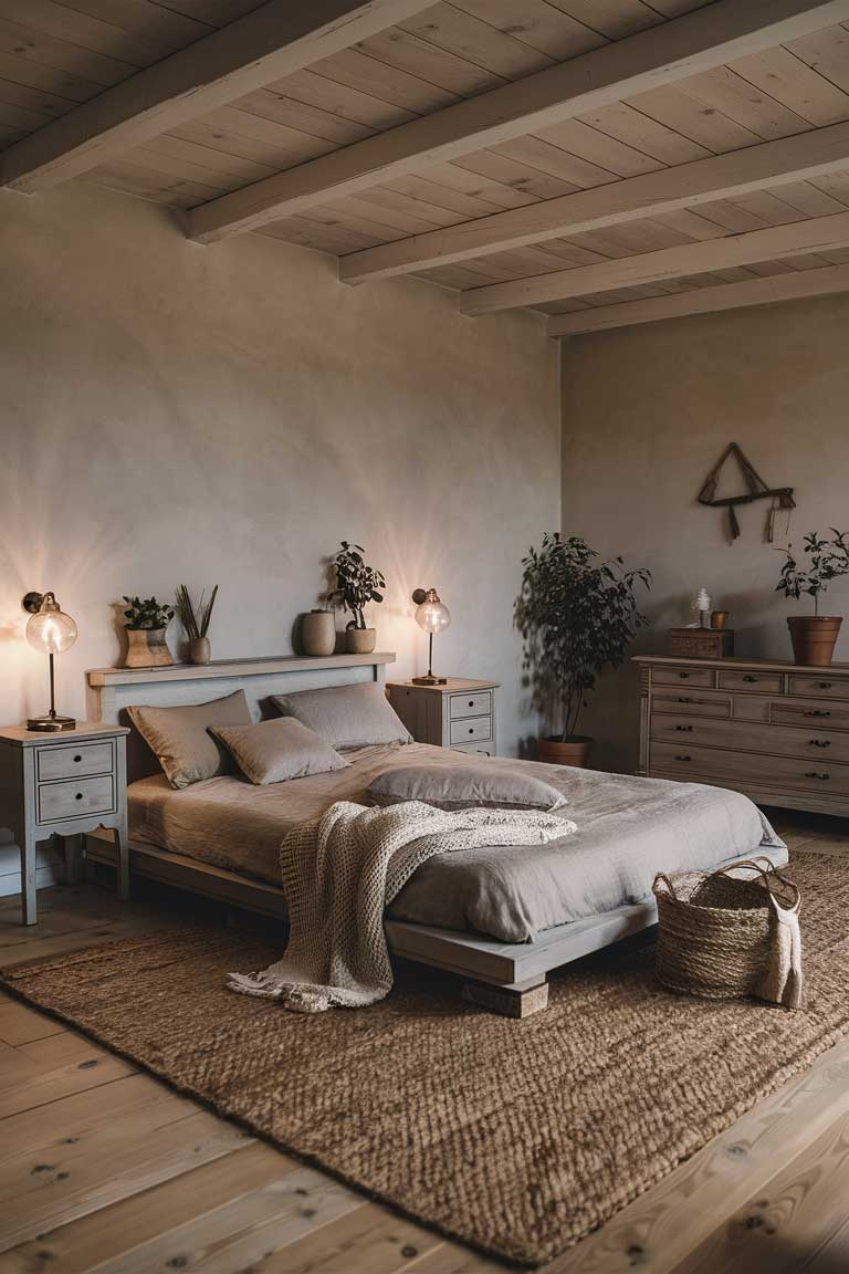 A rustic minimalist bedroom showcasing key furniture pieces. A simple wooden bed frame with a low profile anchors the room. Besides, matching wooden nightstands with clean lines provides symmetry. Against one wall, a vintage wooden dresser adds character and storage. All the wood tones are similar, creating a harmonious look.