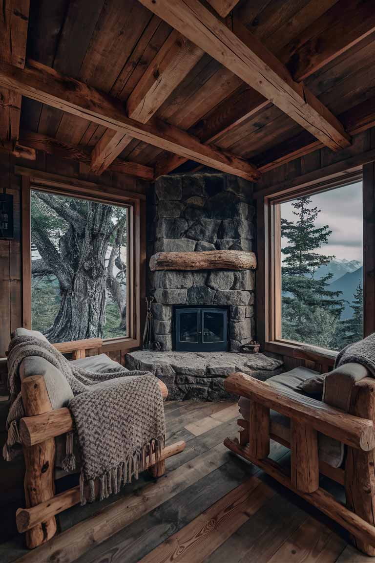 A rustic tiny house interior inspired by mountain cabin style. A heavy wooden beams on the ceiling, a stone fireplace as a focal point, and large windows showing a view of trees or mountains. Include thick wool blankets and sturdy wooden furniture to complete the look.