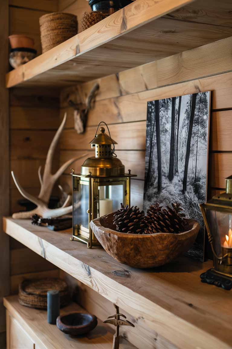 A styled shelf in a rustic tiny living room. The wooden shelf features a mix of decorative elements including a small antler, a vintage brass lantern, a handcrafted wooden bowl filled with pinecones, and a framed black and white nature photograph. The items are thoughtfully arranged with plenty of space between them, showcasing how to add rustic touches without cluttering a small space.