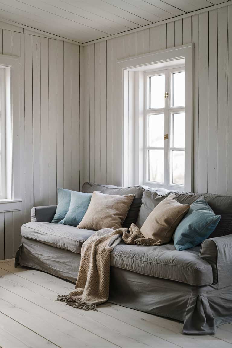 A small Scandinavian-inspired living room with white walls, light wood floors, and a grey sofa accented by soft blue and beige throw pillows. A large window floods the space with natural light.