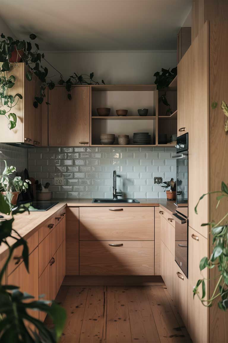 A compact Scandinavian kitchen featuring light wood cabinetry, a wooden countertop, and a subway tile backsplash. Simple ceramic dishes and potted plants adorn the open shelving.