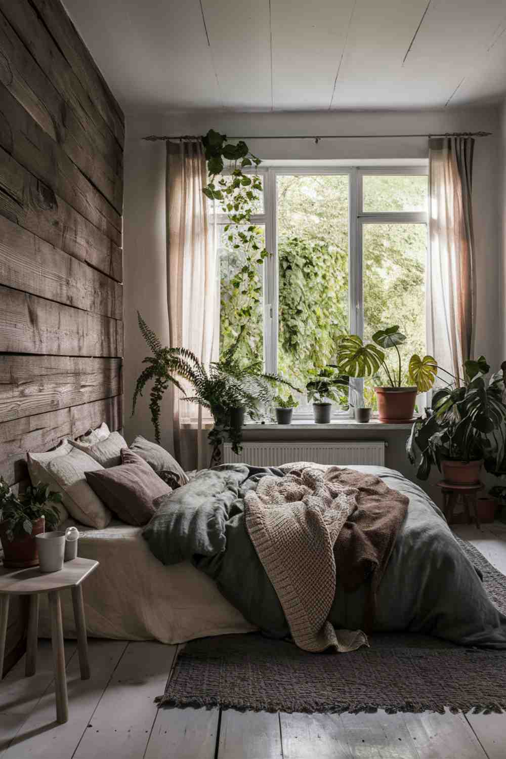 A cozy Scandinavian minimalist bedroom bathed in soft, natural light. One wall is adorned with reclaimed barn wood, its weathered texture adding warmth and character to the space, contrasting beautifully with the smooth white walls. The bed, placed centrally, is dressed in layered earthy-toned linen bedding, with soft browns, muted greens, and a touch of cream, inviting comfort and relaxation. A chunky knit throw is casually draped at the foot of the bed. A large window, framed with light, sheer curtains, offers tranquil views of lush greenery outside, allowing dappled sunlight to filter into the room. Inside, several potted plants of varying sizes are thoughtfully placed, bringing nature indoors with leafy ferns and cascading ivy. A simple wooden bedside table with a rich, natural grain holds a handmade ceramic vase with a few artfully arranged branches of eucalyptus, infusing the air with a fresh, calming scent.