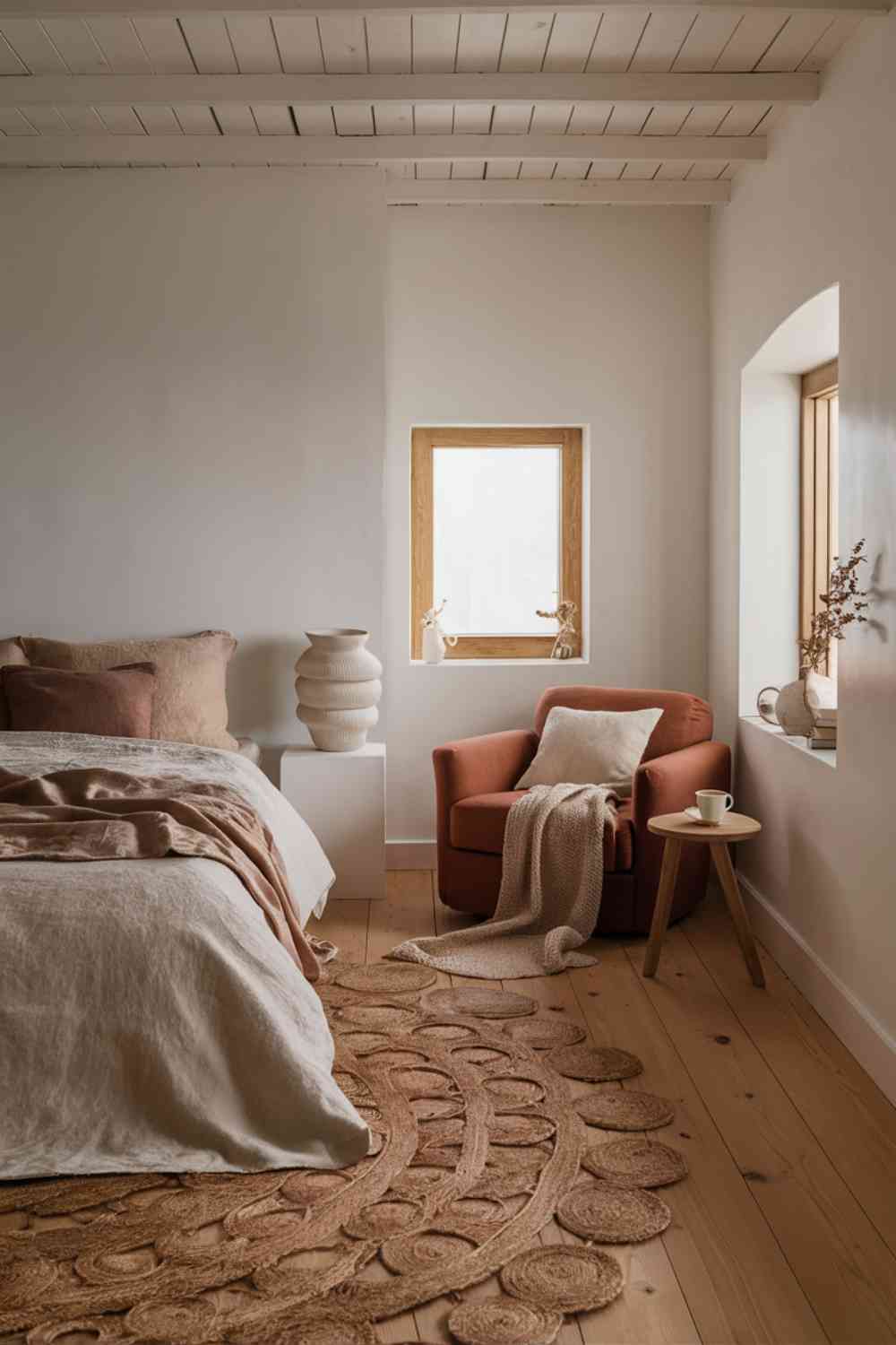 A cozy Scandinavian minimalist bedroom with crisp white walls and a warm natural wood floor. The bed is luxuriously dressed in soft linen bedding, featuring a gradient of warm beige tones from creamy ivory to rich caramel, inviting relaxation.