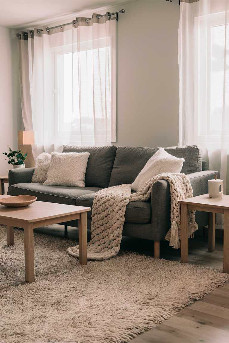 A cozy Scandinavian-style living room with a medium gray couch as the centerpiece. A light oak coffee table sits in front, and matching side tables flank the couch. A plush white shag rug covers the floor, and the couch is adorned with white throw pillows and a chunky knit gray blanket draped over one arm. Soft natural light filters through sheer white curtains, creating a warm and inviting atmosphere.