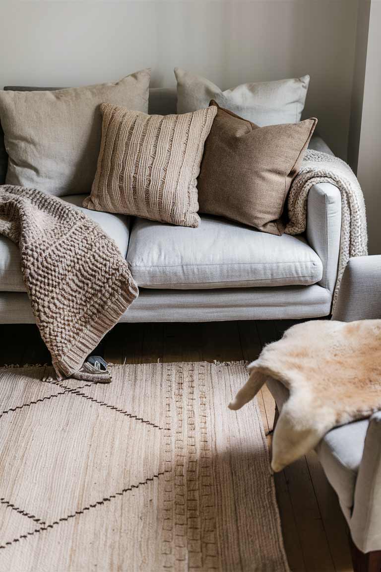 A cozy seating area showcasing various textures. A light-colored sofa is adorned with pillows in different fabrics - linen, wool, and canvas. A chunky knit throw is draped over one arm. On the floor, a large neutral rug with a subtle geometric pattern adds warmth. A sheepskin rug is casually thrown over an nearby armchair.