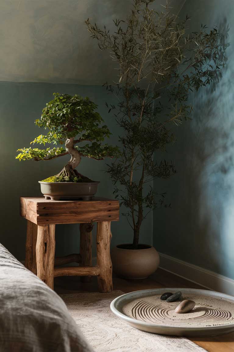 A corner of a bedroom featuring a low wooden side table with a carefully pruned bonsai tree. Next to it, a tall potted plant with delicate leaves stands against a soft blue wall. A small zen garden with raked sand and a few carefully placed stones is visible on a nearby plate.