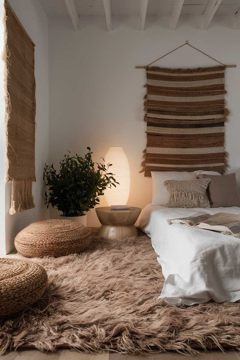 A bedroom corner featuring a plush, high-pile area rug in a soft beige color. Above it, a woven wall hanging in natural fibers adds texture and warmth to the white wall.