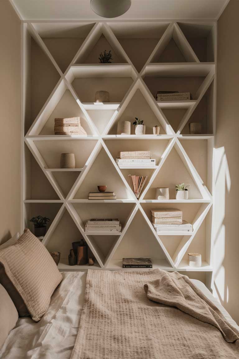 A bedroom with a built-in geometric shelving unit serving as a room divider. The white shelves create a striking pattern against the wall while providing practical storage and display space.