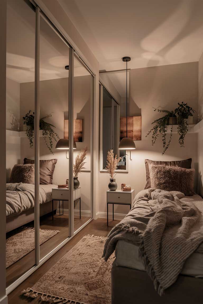 A bedroom with mirrored closet doors spanning one wall. The mirrors reflect the opposite side of the room, making the space appear twice as large and bouncing light around the room.