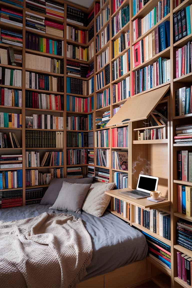 A small bedroom with a wall lined with bookshelves. The bed is in a corner of the room, creating a cozy reading nook. One section of shelving includes a fold-down desk, currently open to reveal a compact workspace. The room is warmly lit, with books of various colors creating a vibrant backdrop.