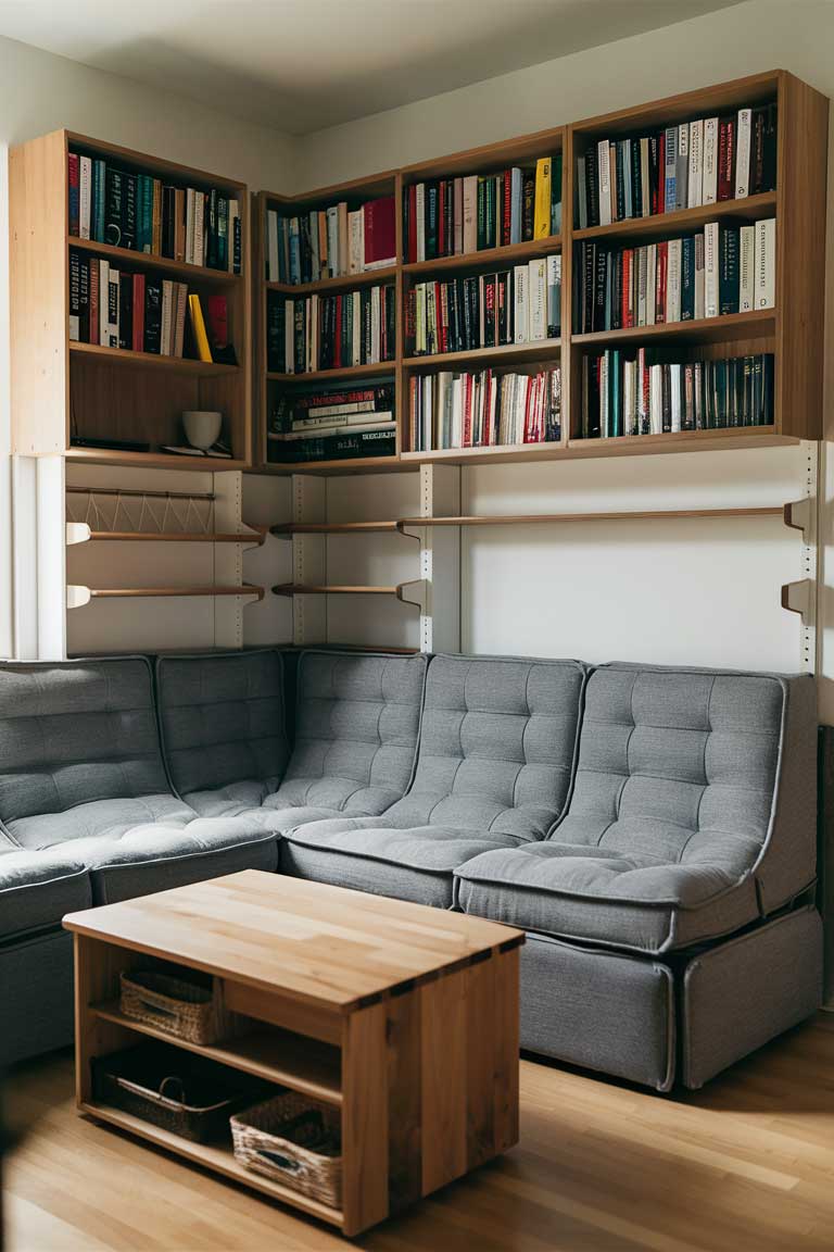 A cozy small living room featuring a modular gray sofa that can be rearranged, a wooden coffee table with hidden storage compartments, and a sleek wall-mounted bookshelf with adjustable shelves. The room looks organized and uncluttered despite its small size.