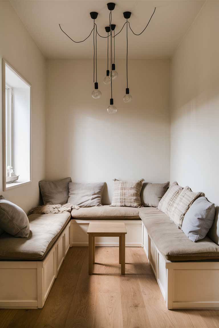 A cozy small living room with a built-in bench seat along one wall, topped with neutral cushions. A small round table sits in front of the bench. Above, a cluster of minimalist pendant lights with simple geometric shapes hangs from the ceiling, providing both illumination and visual interest.