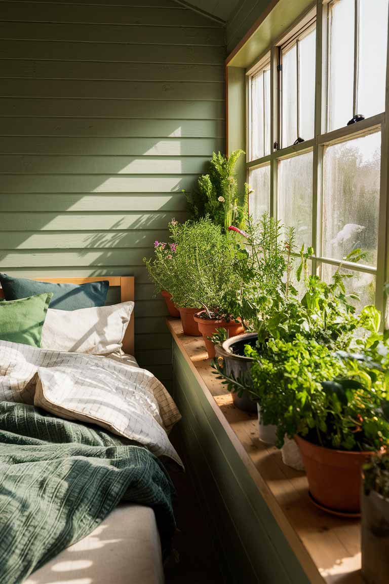 A tiny bedroom with sage green walls and a wooden bed with white and green bedding. The windowsill features a row of potted herbs, and sunlight streams in, highlighting the fresh, aromatic plants.