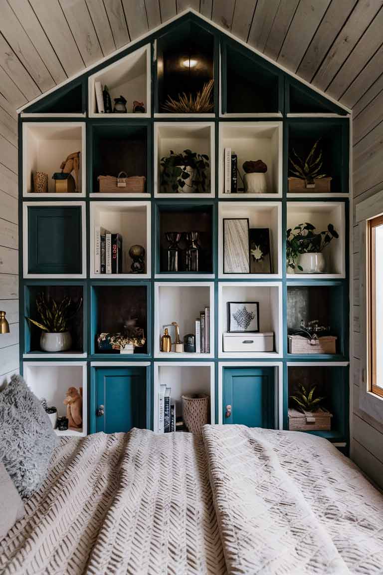 A close-up of a tiny house bedroom wall with built-in niches. The niches are painted in a contrasting color to the wall and contain a mix of decorative items and concealed storage boxes. Some niches have small doors, hinting at hidden storage space behind them.