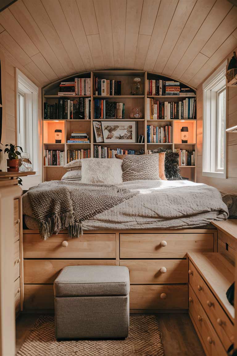 A tiny house bedroom showcasing clever storage solutions. The bed is on a platform with built-in drawers underneath. The headboard features shelving units filled with books and decorative items. At the foot of the bed is a storage ottoman. The room has a cohesive, organized look with a warm color scheme and soft lighting.