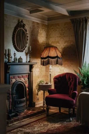 A cozy Victorian-inspired tiny house living room corner. The focal point is a small, ornate fireplace with a tiled hearth and a carved wooden mantel. Above the fireplace hangs a gilded oval mirror. A tufted velvet armchair in deep burgundy sits nearby, with a delicate side table holding a vintage lamp with a fringed shade. The wallpaper features a subtle floral pattern in muted gold and cream. A potted fern adds a touch of greenery to the scene.