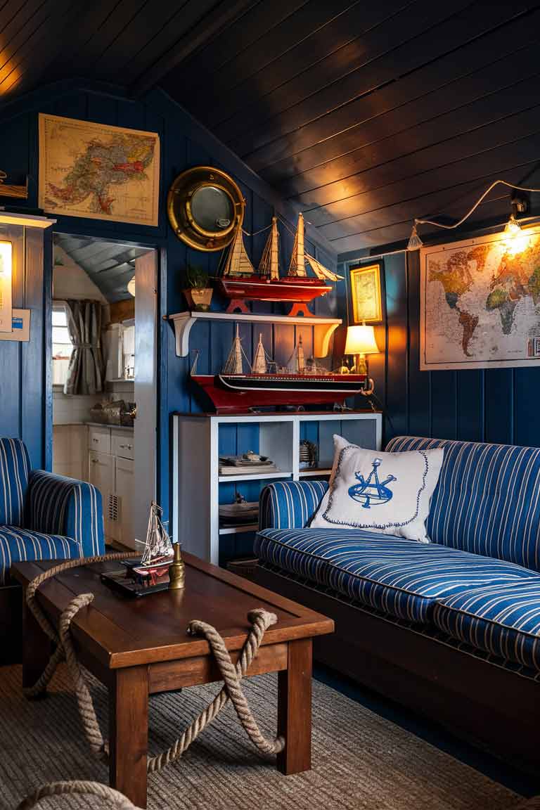 A 1940s nautical-themed tiny living room. The room has navy blue walls and a blue and white striped sofa. Include a wooden coffee table with rope accents. On the walls, hang vintage maps and a brass porthole mirror. Display vintage ship models on shelves or the coffee table. The photograph should capture the cozy, maritime feel of a 1940s seaside cottage, with warm lighting to enhance the vintage nautical elements in the compact space.