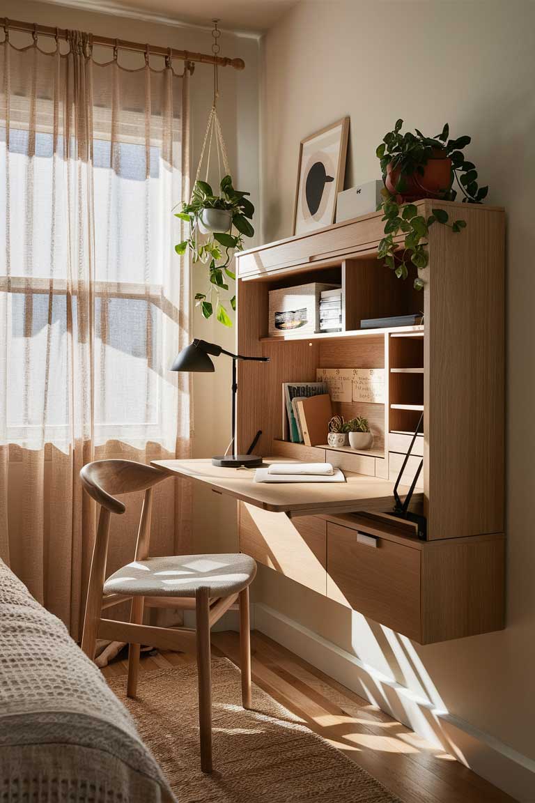 A detailed view of a bedroom corner featuring a small, wall-mounted desk in light wood. The desk has a fold-down top that's currently open, revealing a compact workspace. A sleek desk lamp and a minimalist chair complete the setup. The area takes up minimal space while providing a functional work area.