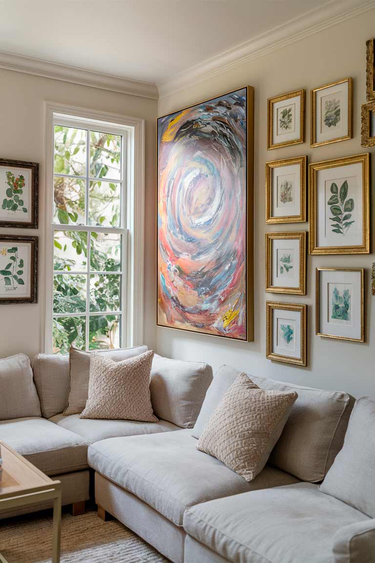 A small living room with a large, colorful abstract painting as the focal point on one wall. On the adjacent wall, a curated gallery of smaller artworks in gold frames creates an elegant display. A pair of framed botanical prints flank a window, bringing a touch of nature to the space.