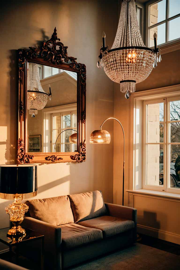 A small living room with a large ornate mirror on one wall, reflecting light from a nearby window. A crystal chandelier hangs from the ceiling, while an arching floor lamp bends over a compact sofa. On a side table, a table lamp with a gold base adds extra illumination and sparkle.