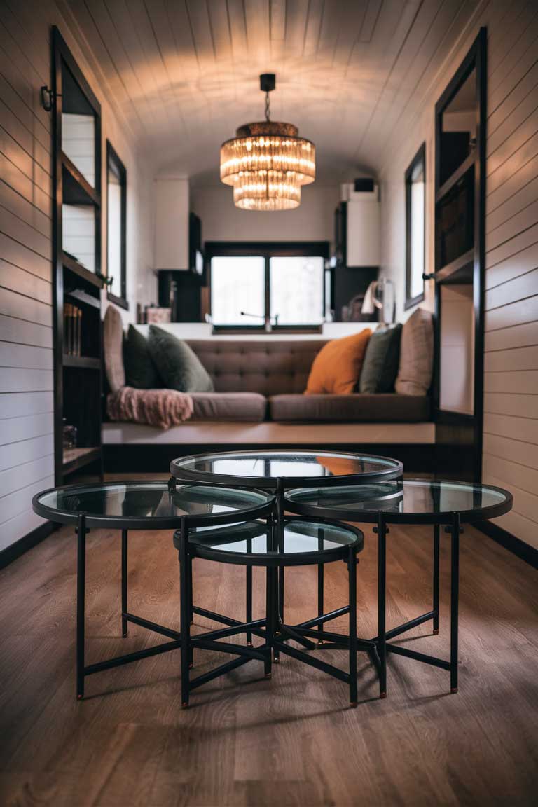 A tiny modern house living room featuring a clever coffee table solution. A set of three nesting tables in graduated sizes, made of glass and metal, occupy the center of the room. They are spread out for more surface area.