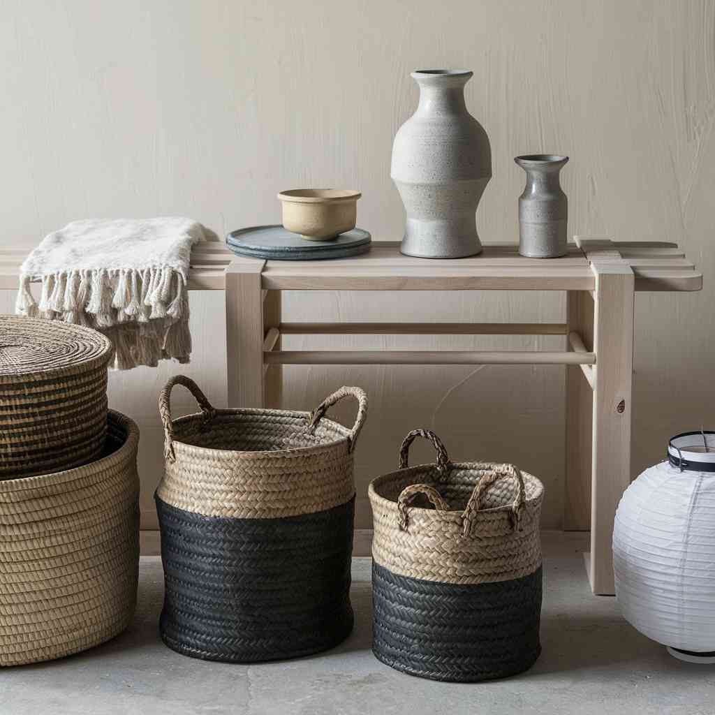 Close-up image of a curated display of Japandi-style furniture and decor, emphasizing functional design. The setupfeatures a minimalist wooden bench with clean, straight lines, topped with a few elegant, handcrafted ceramic items including a tall vase and a small dish. Nearby, a set of woven storage baskets with contrasting weaves are neatly arranged, and a pair of paper lanterns are placed on either side of the bench. The backdrop is a subtle, off-white wall to keep the focus on the textures and materials of the items.,