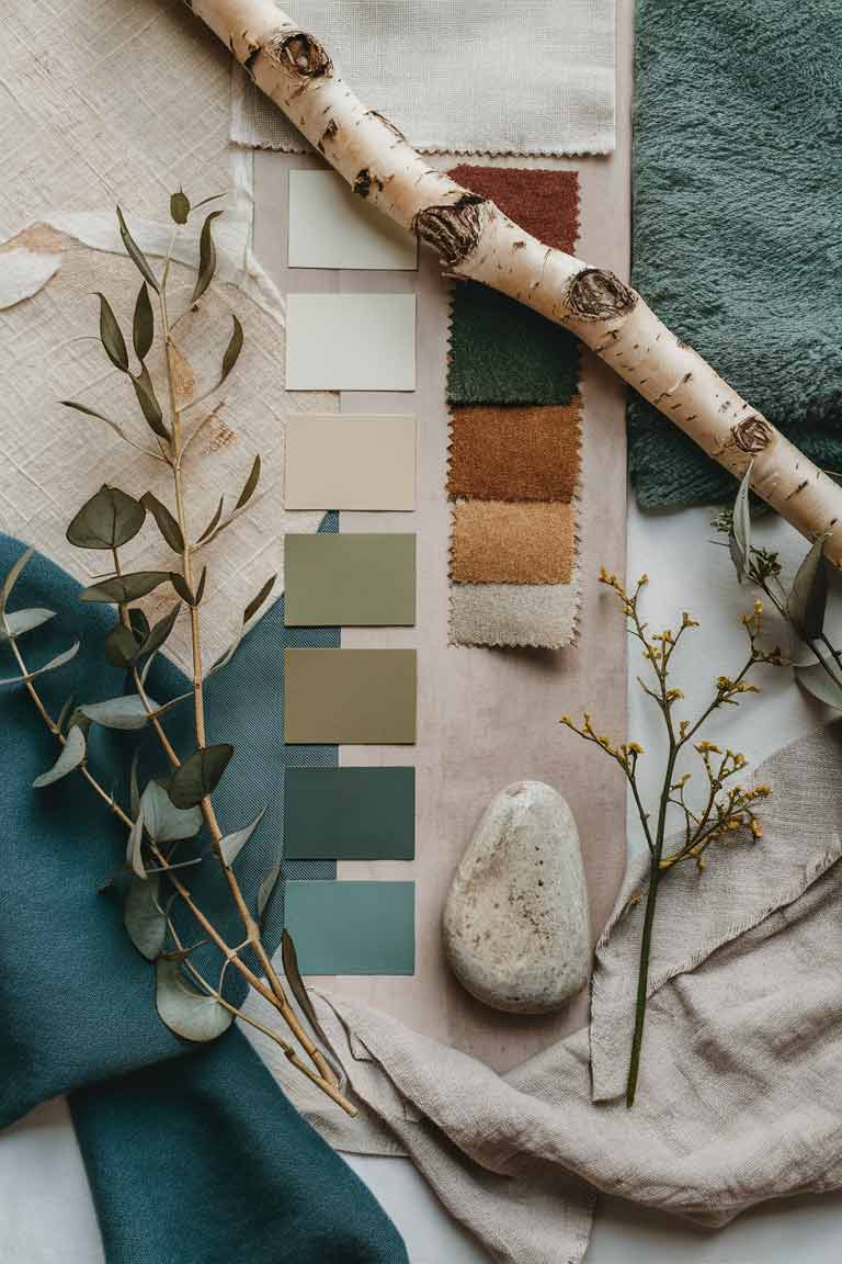 A close-up of a mood board featuring fabric swatches, paint chips, and natural elements. The colors range from soft whites and beiges to muted greens, browns, and blues. A piece of birch bark and a smooth river stone are artfully arranged among the color samples.