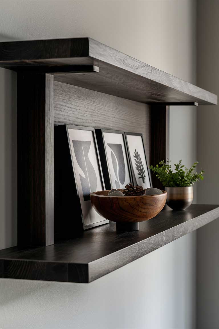 A dark wood shelf mounted on a light gray wall. The shelf displays a curated collection of items: a few framed black and white prints, a handcrafted wooden bowl, and a small potted plant.