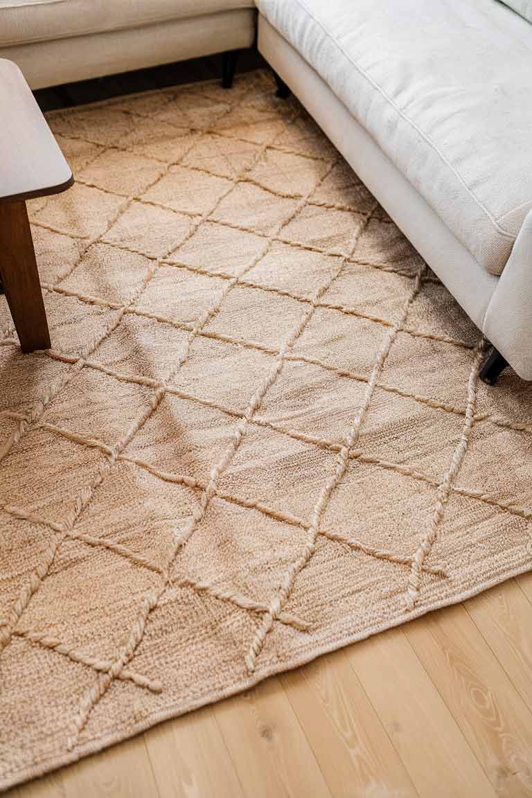 A detail shot of a living room floor. A large, neutral area rug with a subtle geometric pattern covers most of the light wood flooring. The rug appears to be made of natural fibers, adding texture to the space. A corner of a white sofa and a wooden coffee table are visible on the rug.