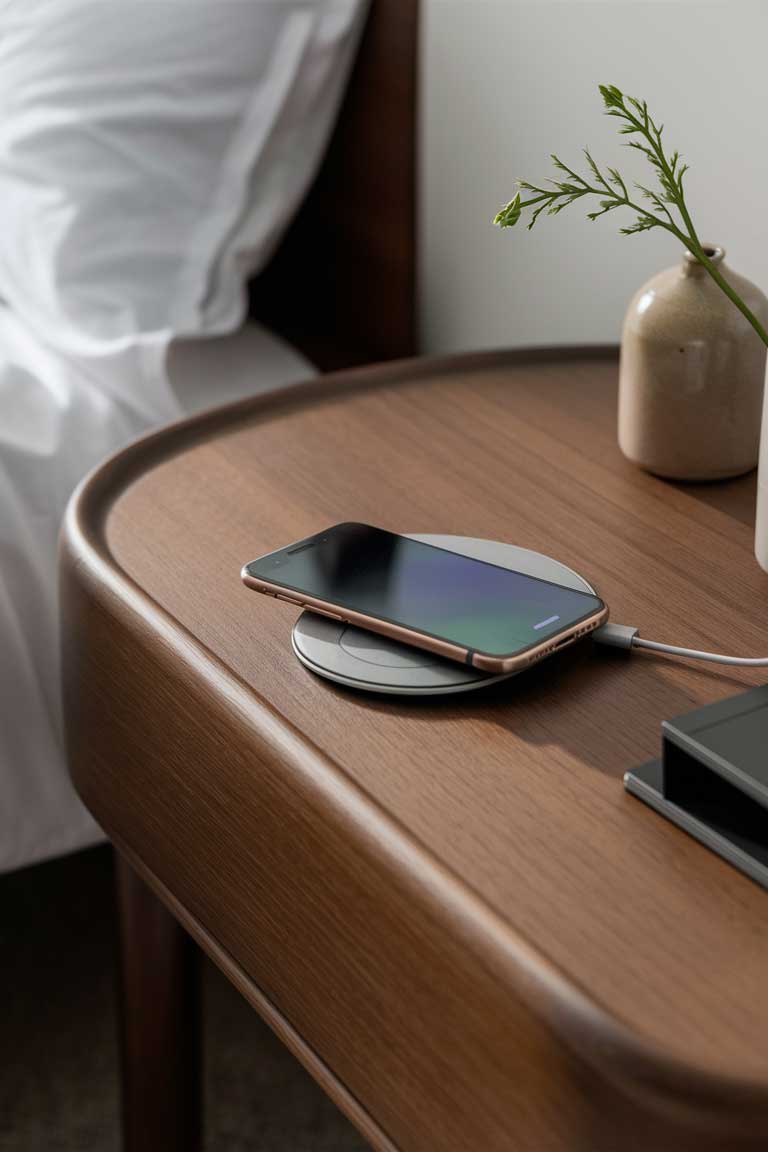 A detailed shot of a bedside table with a built-in wireless charging pad seamlessly integrated into its surface. A smartphone is charging on the pad, blending in with the wooden surface of the table. The rest of the table's surface is clear, maintaining the minimalist aesthetic.