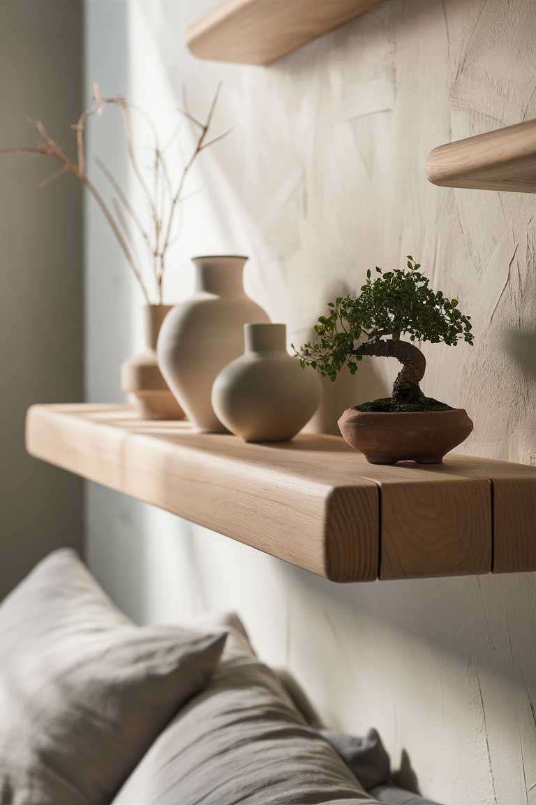 A detailed shot of a pale wood floating shelf above a bed, holding a few minimalist ceramic vases and a small bonsai tree. The wall behind is a soft off-white color, and the shelf casts a subtle shadow, emphasizing its floating appearance.