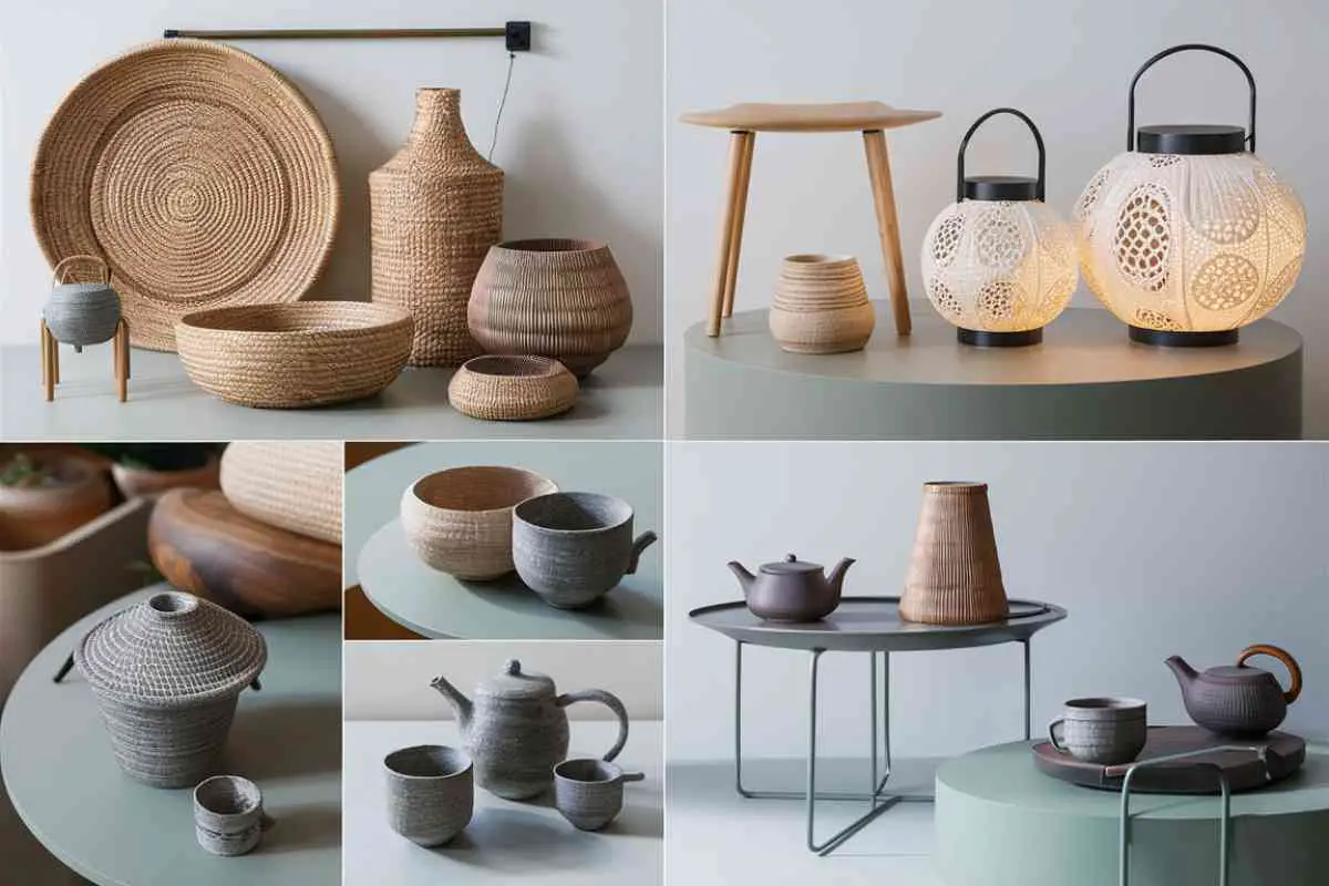 A detailed close-up of various Japandi-style functional decor elements displayed on a minimalist side table. The arrangement includes a set of elegant woven baskets in different shapes and sizes, a pair of modern paper lanterns with intricate patterns, and a selection of accent furniture items like a small wooden stool and a sleek, low-profile side table. Additionally, include a few handcrafted ceramic pieces such as a small teapot and matching cups. 