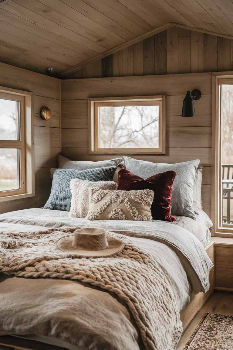 A detailed shot of a bed in a tiny house, showing layers of linen bedding in neutral tones, topped with a chunky knit throw and an assortment of cushions in different textures, including velvet, embroidered cotton, and a faux fur accent pillow.