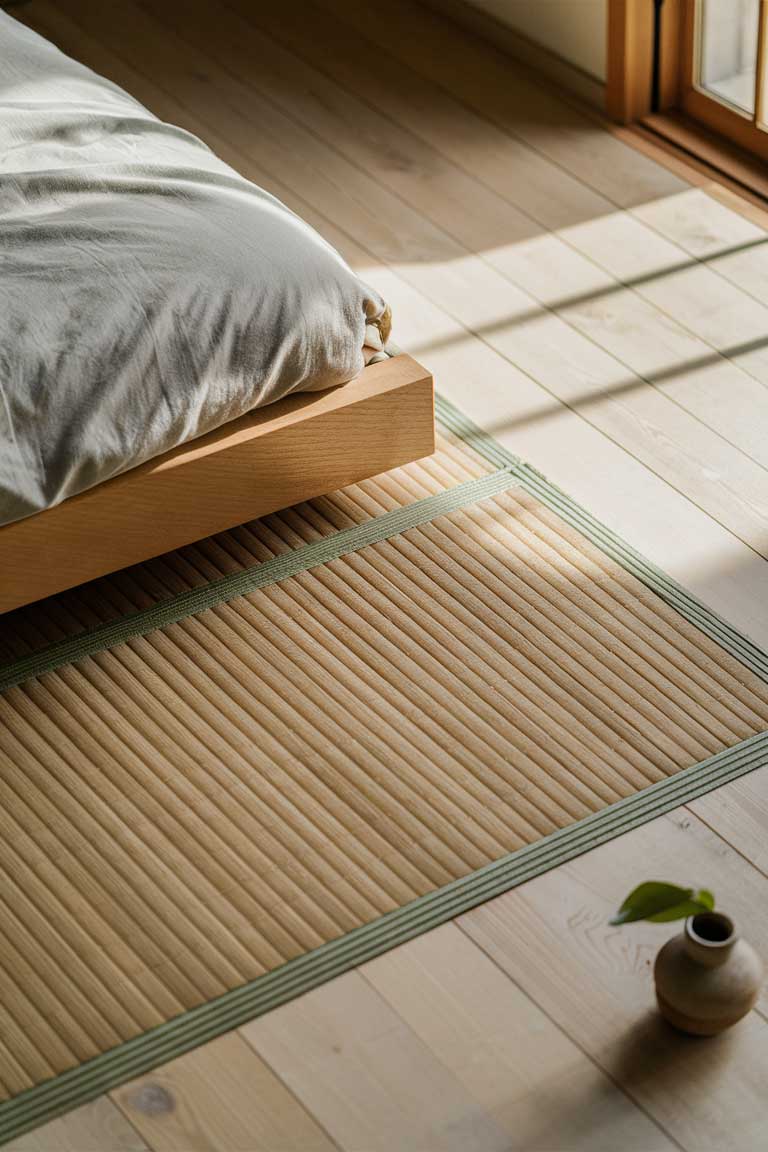 A detailed shot of the floor beside a low wooden bed, showing a portion of a modern tatami-inspired mat. The mat has a finely woven texture and a natural, pale color that complements the light wooden flooring around it.