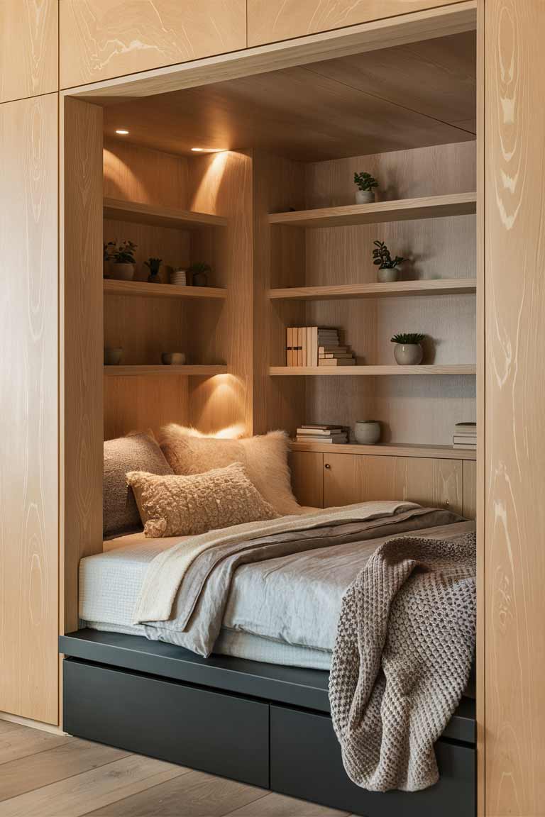 A detailed view of a bed nestled into a built-in alcove. The alcove is lined with pale wood paneling and features integrated shelving and soft, recessed lighting. The bed itself is a simple mattress on a low platform, dressed in neutral linens. This setup creates a cozy sleeping area while freeing up the rest of the room.