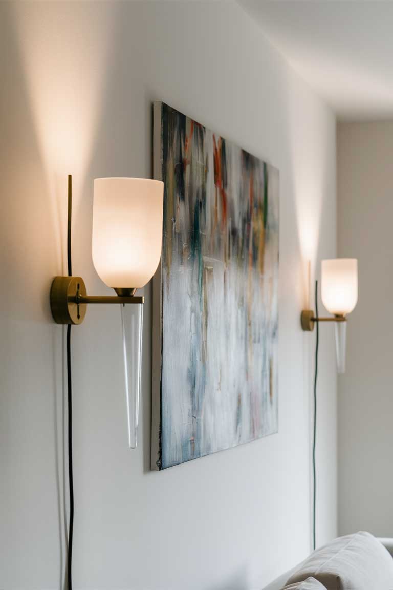 A minimalist living room with frosted glass wall sconces mounted on either side of a large, abstract painting. The sconces emit a soft, diffused glow, providing subtle accent lighting in the room.