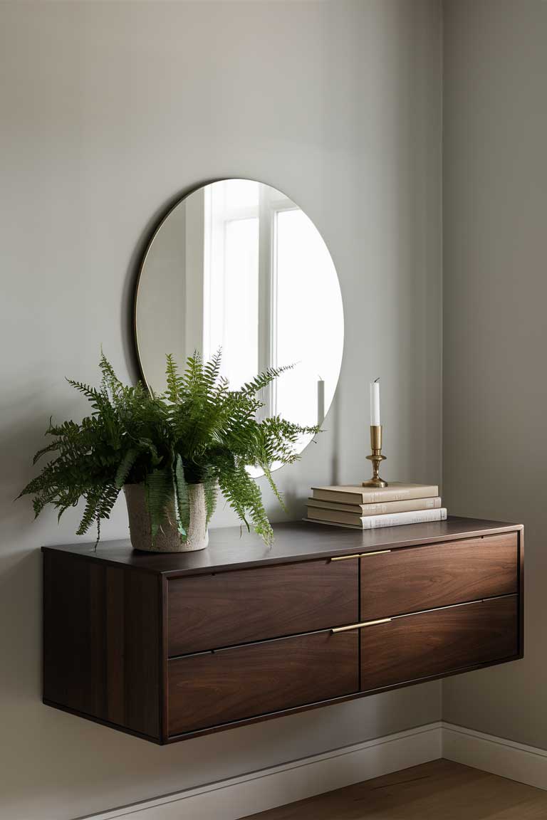 A floating dark wood dresser against a light gray wall. The dresser has clean lines and minimal hardware. On top, there's a simple arrangement of a mirror, a plant, and a few books.