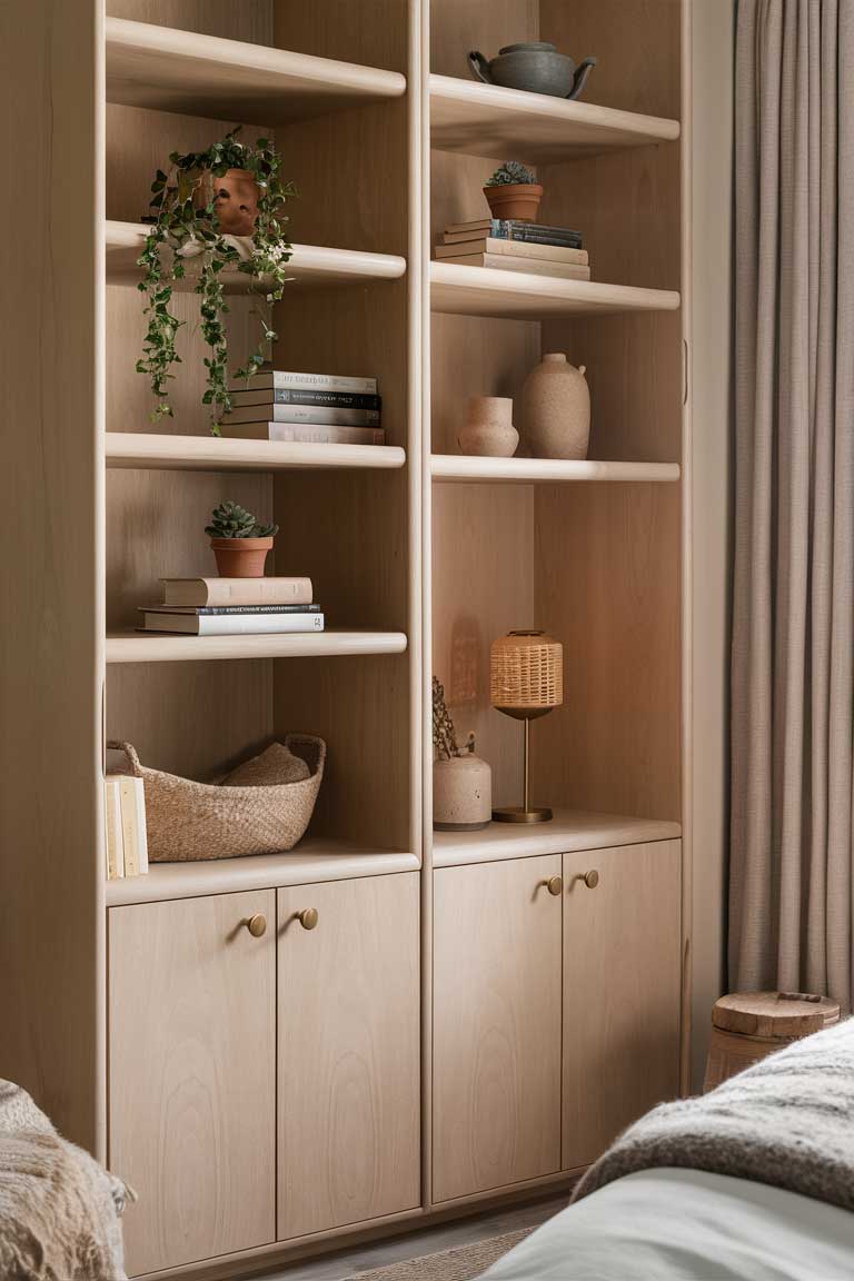 A full-height shot of a bedroom corner featuring a tall, narrow shelving unit in pale wood. The unit has a mix of open shelves and closed cabinets, providing both display and hidden storage. Plants, books, and a few decorative objects are artfully arranged on the open shelves, making use of the vertical space.