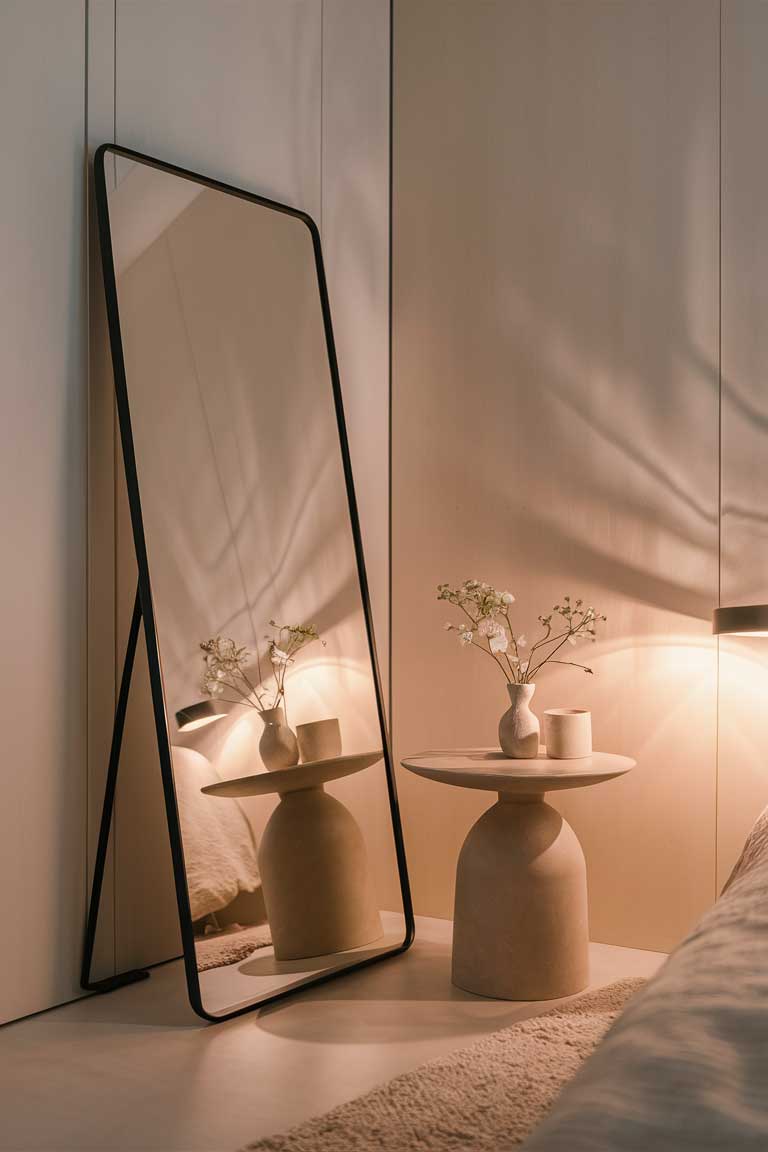 A full-length floor mirror leaning against a wall in a minimalist bedroom. The mirror has a thin black frame and reflects the opposite side of the room, creating an illusion of more space. A small, round side table with a vase of simple white flowers sits next to the mirror.