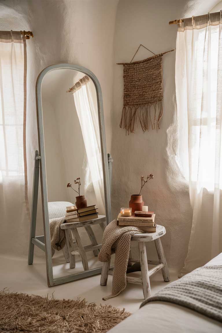 A full-length mirror with a simple wooden frame leaning against a white wall in a rustic minimalist bedroom. The mirror reflects the opposite side of the room, visually expanding the space. A small wooden stool sits next to the mirror, holding a few carefully chosen accessories.