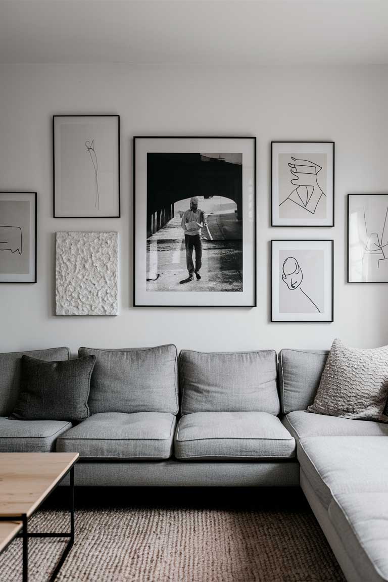 a gallery wall in a minimalist living room