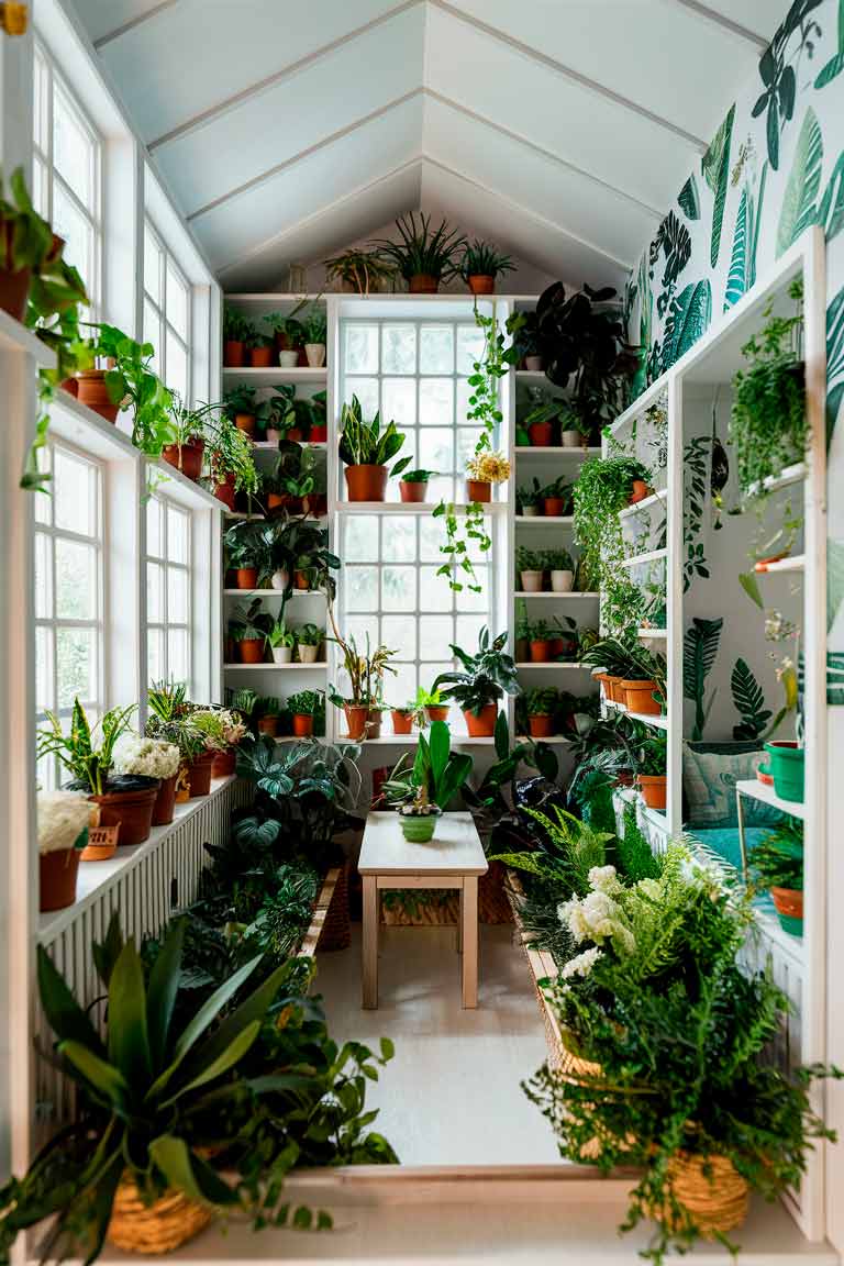 A tiny house interior designed like a greenhouse. Large windows flood the space with natural light. Built-in shelves along the walls are filled with a variety of potted plants of different sizes. A small wooden table in the center is surrounded by more plants, creating a jungle-like atmosphere. The color scheme is predominantly green and natural wood tones. Botanical prints hang on the few wall spaces not occupied by plants. Despite the abundance of greenery, the space feels open and airy.