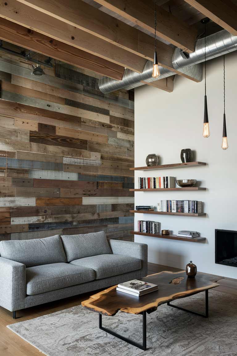 An industrial minimalist living room showcasing a beautiful balance of warm and cool elements. A reclaimed wood accent wall serves as a backdrop for a sleek grey sofa. Overhead, exposed wooden ceiling beams contrast with metal ductwork. Floating wooden shelves display a mix of books and metallic decorative objects, while a live-edge wood coffee table adds an organic shape to the space.