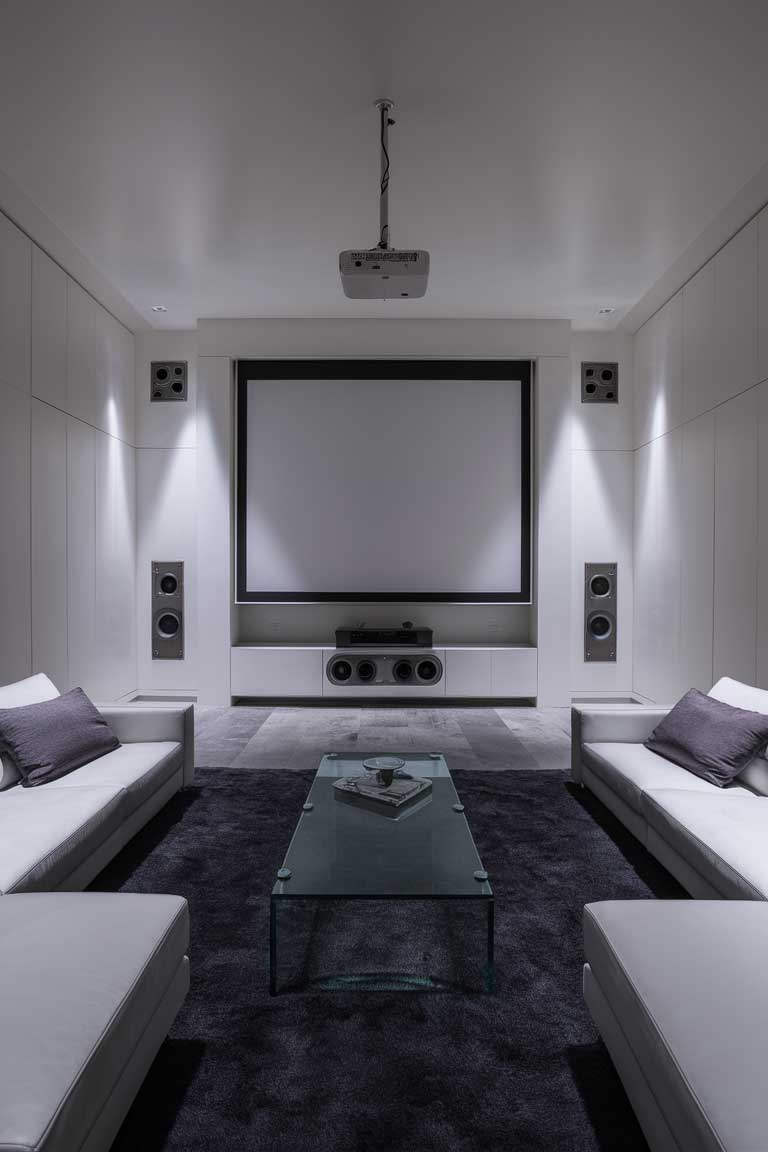 A high-tech minimalist living room with white walls and sleek furniture. 