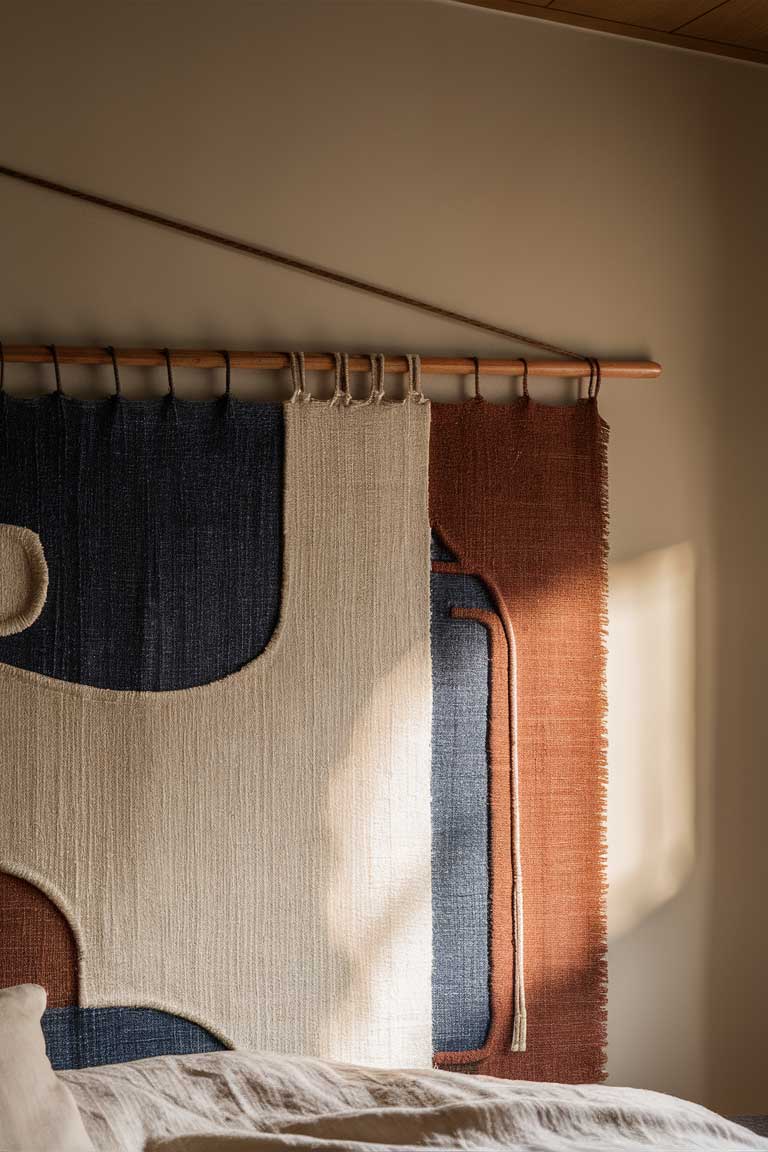 A close-up of a wall in a japandi bedroom featuring a large woven tapestry. The tapestry has a minimalist design with abstract shapes in muted colors of indigo, rust, and cream. It's hung simply on a wooden dowel, emphasizing its textile nature.